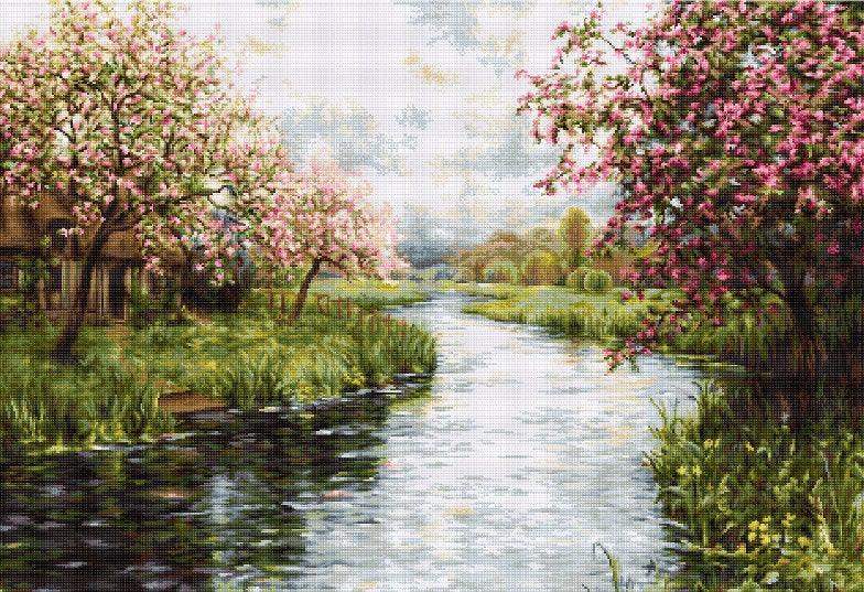Spring Landscape B545L Counted Cross-Stitch Kit featuring vibrant colors and detailed design by Louis Aston Knight.