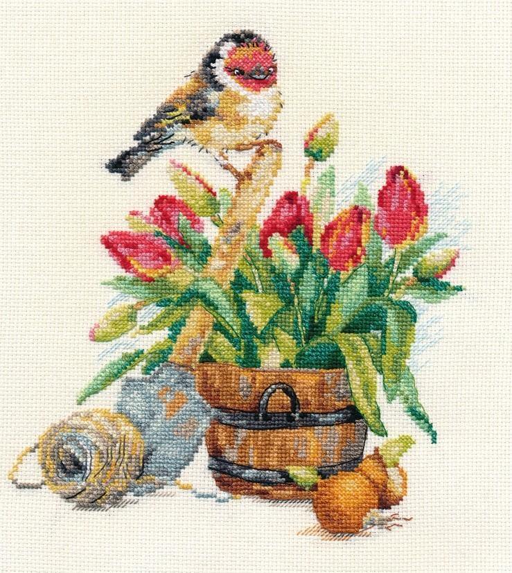 Spring Time 1-24 Counted Cross-Stitch Kit featuring white Aida fabric, colorful threads, and an embroidery needle.