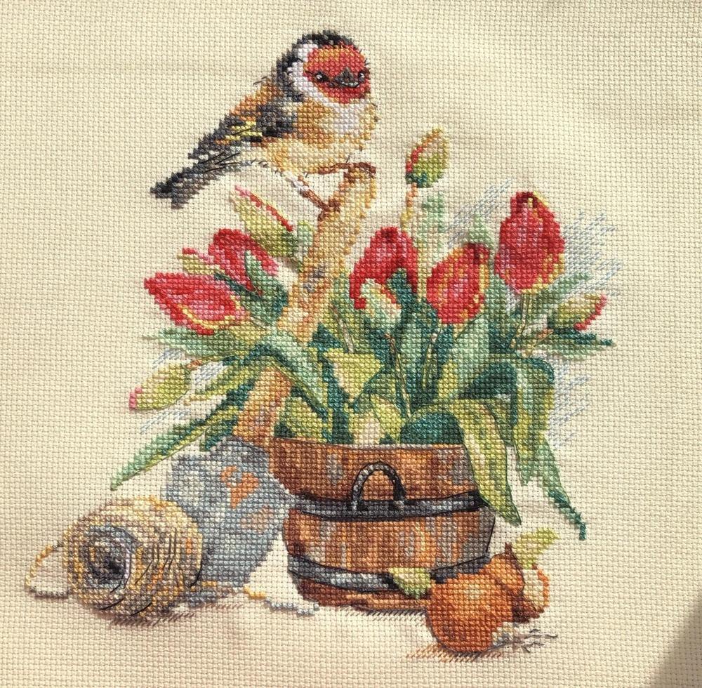 Spring Time 1-24 Counted Cross-Stitch Kit featuring white Aida fabric, colorful threads, and an embroidery needle.