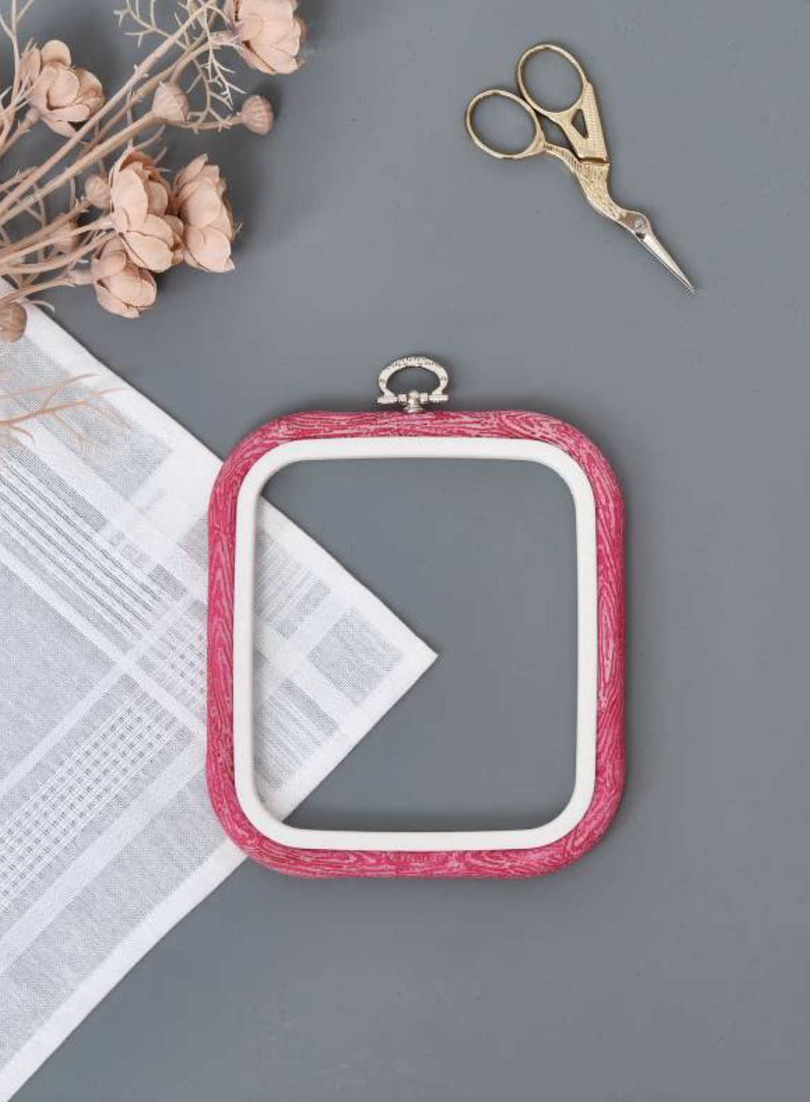 Nurge 230-11 Pink Flexi Hoop, square design with rubberized wood-grain finish, perfect for embroidery and needlework.