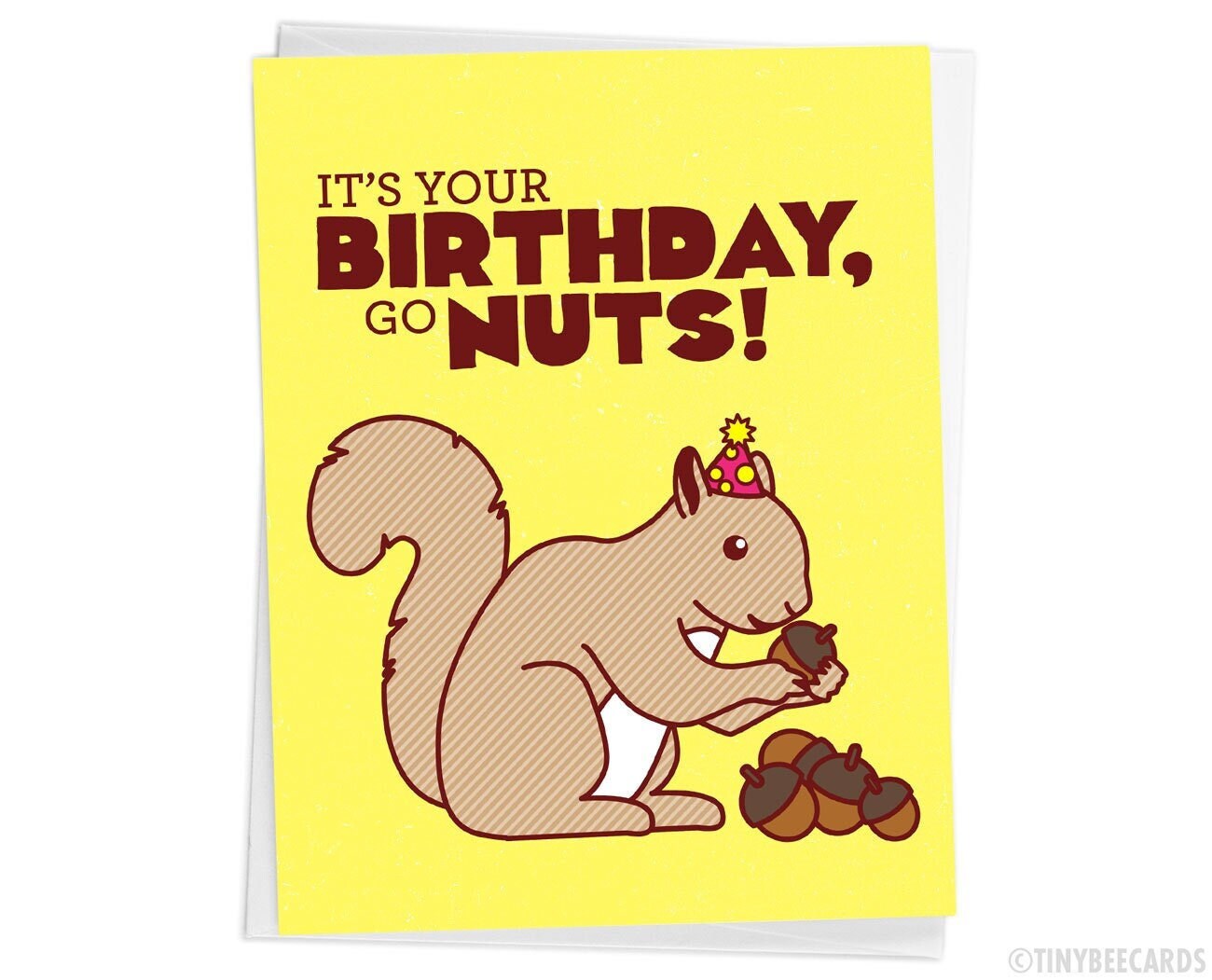 A cheerful squirrel wearing a party hat surrounded by a pile of nuts, featured on a birthday card.