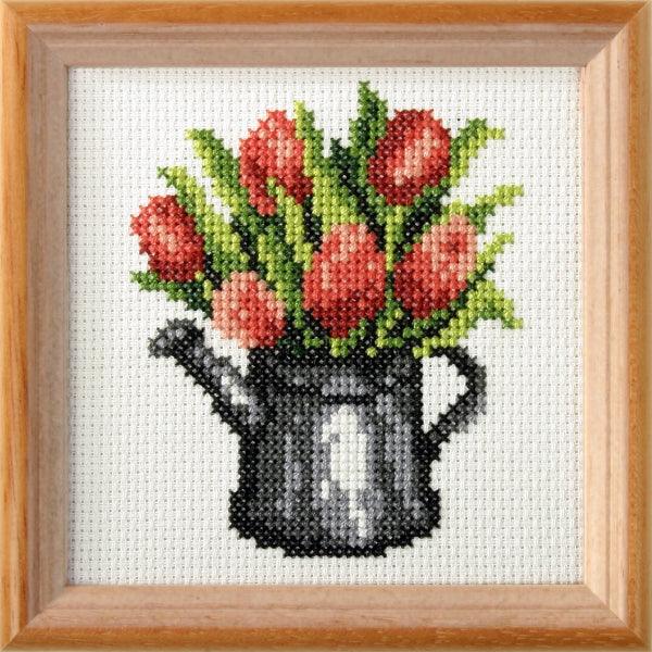 Stamped Cross Stitch Kit featuring tulip design, includes Aida fabric, cotton threads, needle, and instructions.
