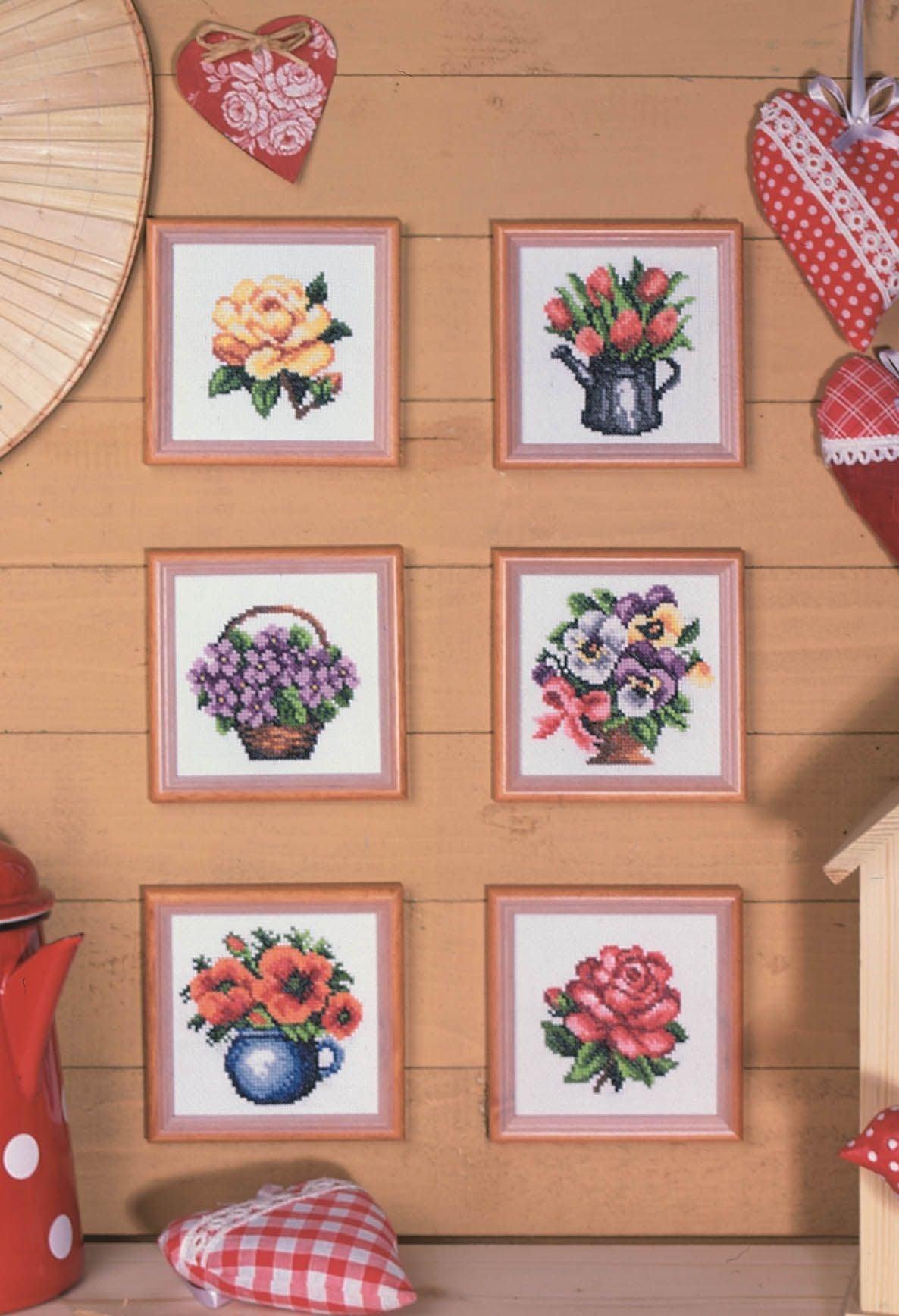 Stamped Cross Stitch Kit featuring tulip design, includes Aida fabric, cotton threads, needle, and instructions.