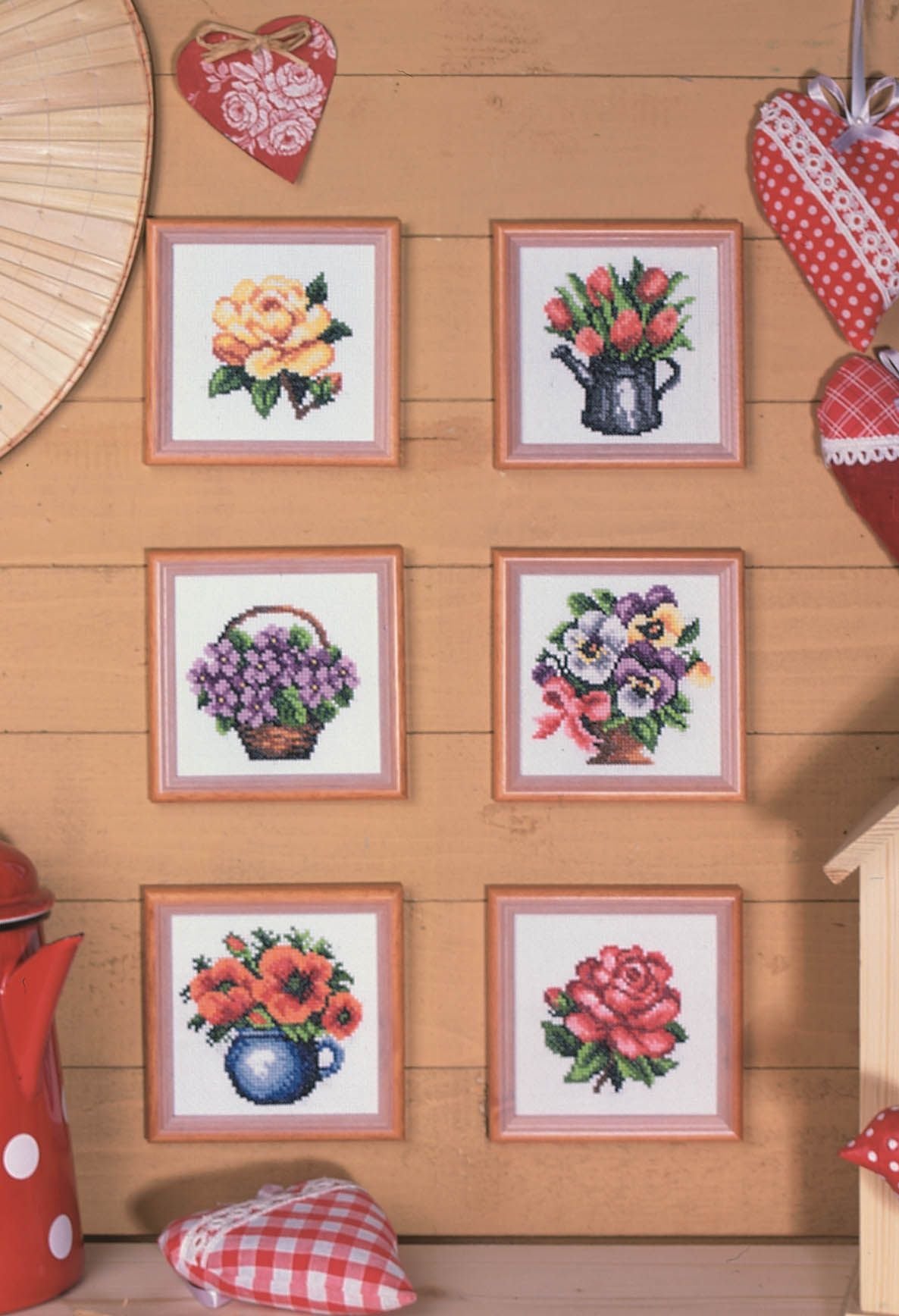 Stamped Cross Stitch Kit featuring tulip design, includes Aida fabric, cotton threads, needle, and instructions.