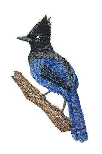 Embroidered patch featuring a Steller's Jay perched on a branch, showcasing vibrant colors and intricate details.