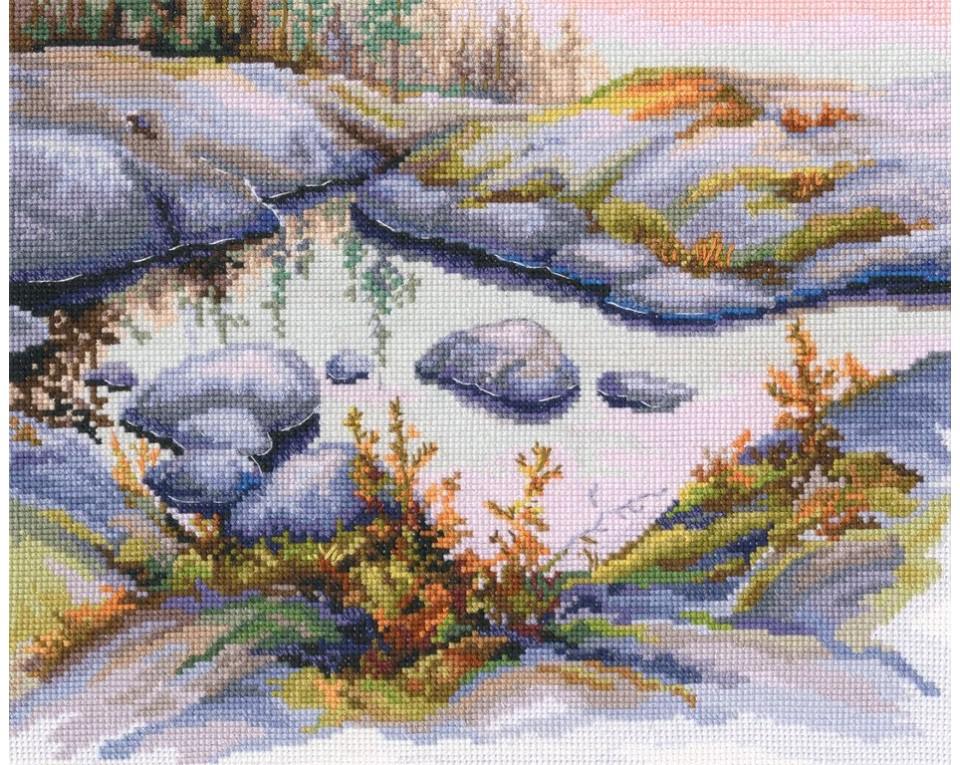 Stone family M968 Counted Cross Stitch Kit featuring white Aida fabric, colorful DMC threads, and included chart and needle.