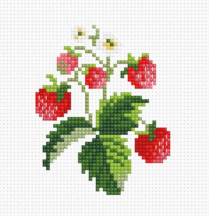 Strawberries B015L Counted Cross-Stitch Kit featuring Aida canvas, colorful threads, and needle.
