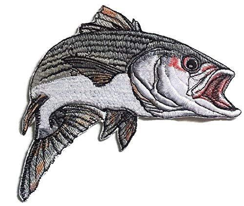 Striped Bass Fish embroidered patch, measuring 5.8 inches by 5 inches, showcasing intricate details and vibrant colors.