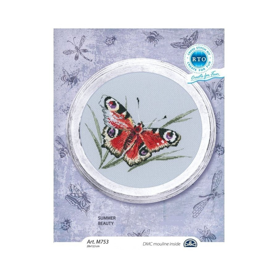 Summer Beauty M753 Counted Cross Stitch Kit featuring Aida fabric, DMC threads, and a detailed chart.