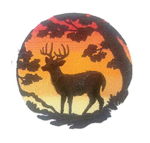Embroidered patch featuring a sun set and deer design, measuring 5 inches by 5 inches, showcasing vibrant colors and intricate stitching.
