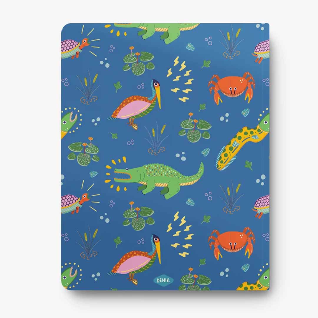 Swamp Medium Layflat Notebook featuring swamp creatures design by Erwin Ong, showcasing a water-resistant cover and dot grid pages.