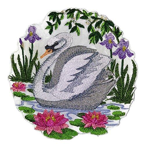 A beautifully embroidered patch featuring a swan in a serene pond, showcasing vibrant colors and intricate details, perfect for iron-on or sewing applications.