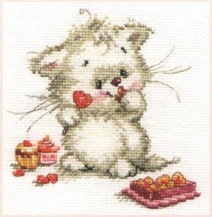 Sweet Candy 0-123 Counted Cross-Stitch Kit featuring white aida fabric, colorful threads, and an embroidery needle.