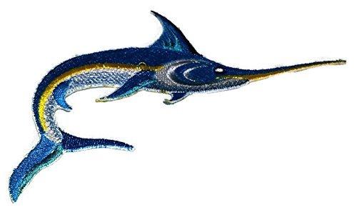 Swordfish embroidered iron-on patch measuring 6 inches by 3 inches, featuring vibrant colors and intricate stitching.