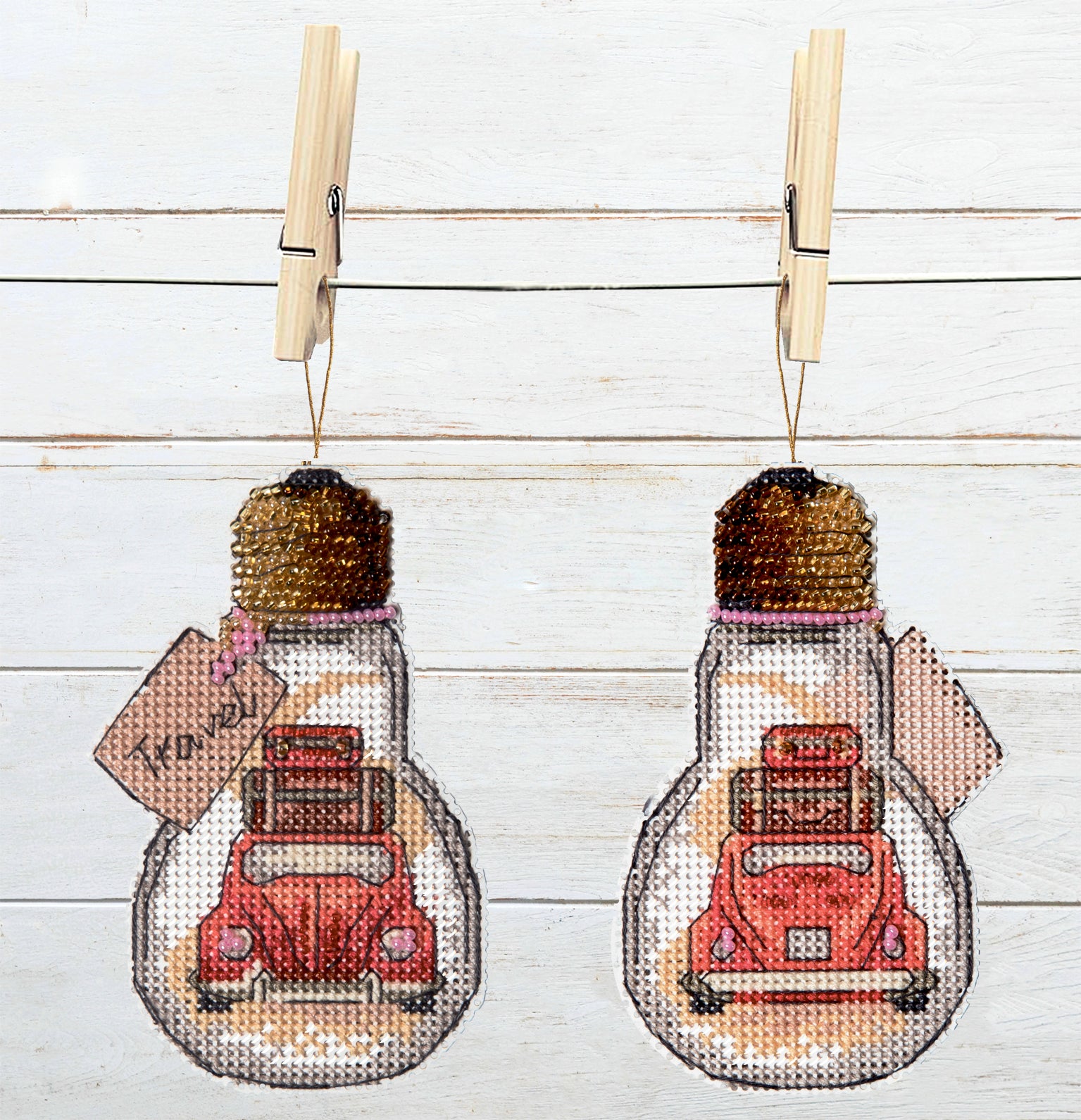 T-84C Counted Cross Stitch Kit 'Travel' featuring colorful Madeira cotton floss and Preciosa Ornela beads on a plastic canvas.