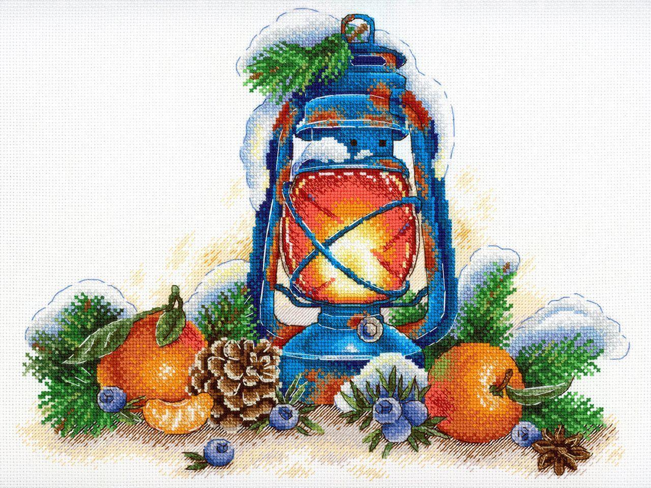 Tangerine Aroma SNV-757 Counted Cross Stitch Kit featuring Aida canvas, colorful threads, and needle.