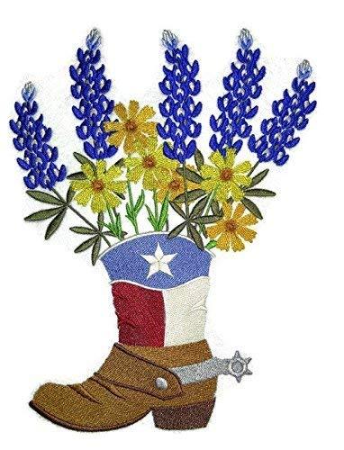 Texas Blooms in Cowboy Boot embroidered patch showcasing vibrant floral design on a durable cotton base, ideal for iron-on or sew-on application.