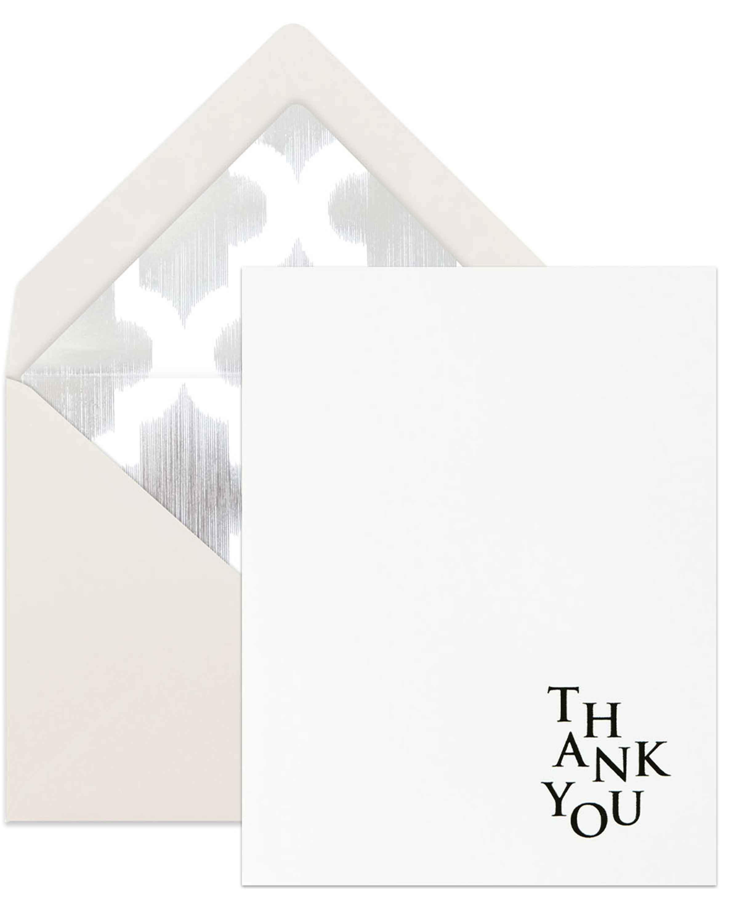 Elegant Thank You card with black and silver foil accents, featuring a blank interior and lined envelope.