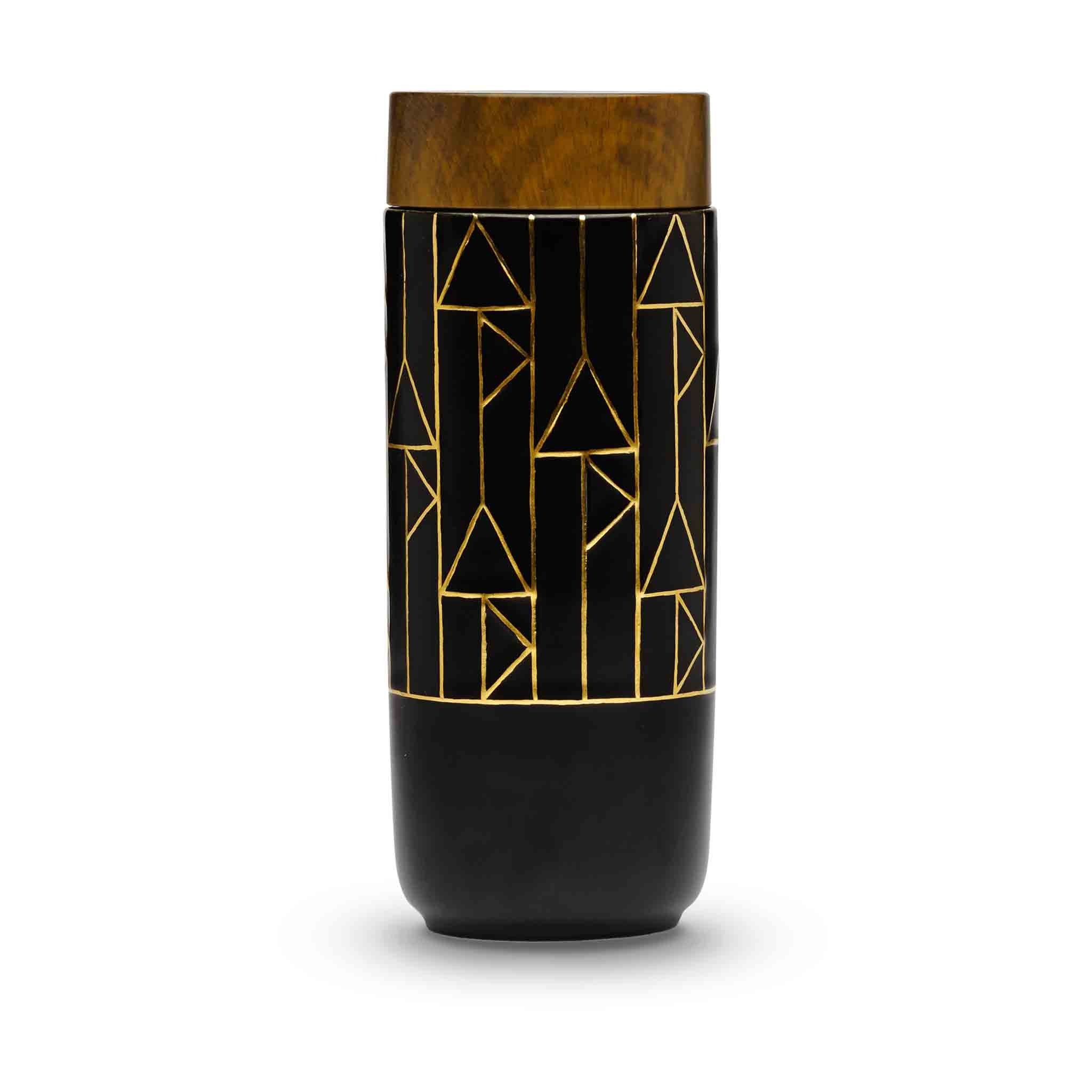 The Alchemical Signs Gold Ceramic Travel Mug featuring a vibrant gold hand-painted design with geometric patterns inspired by ancient alchemical symbols.