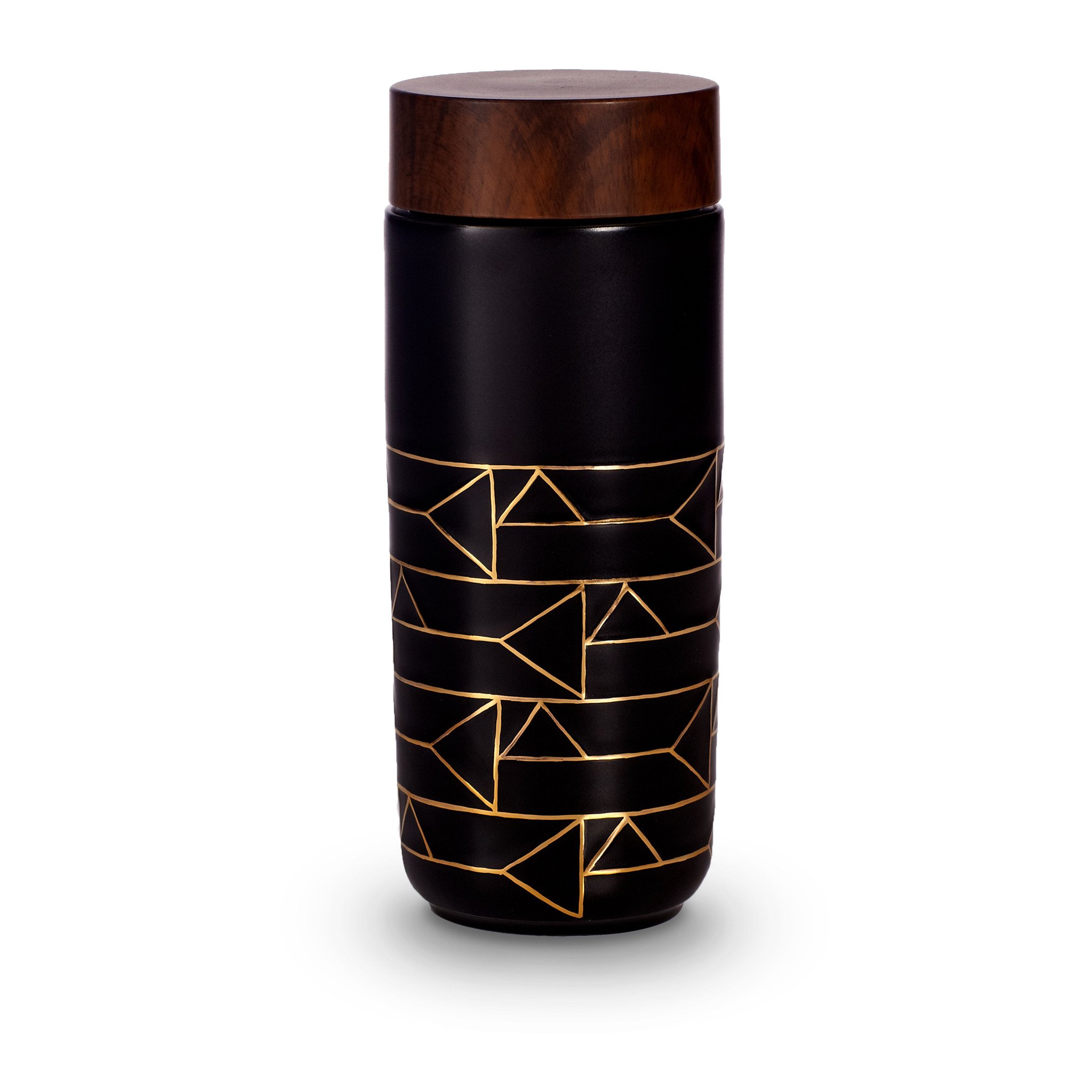 The Alchemical Signs Gold Ceramic Travel Mug featuring a vibrant gold hand-painted design with geometric patterns inspired by ancient alchemical symbols.