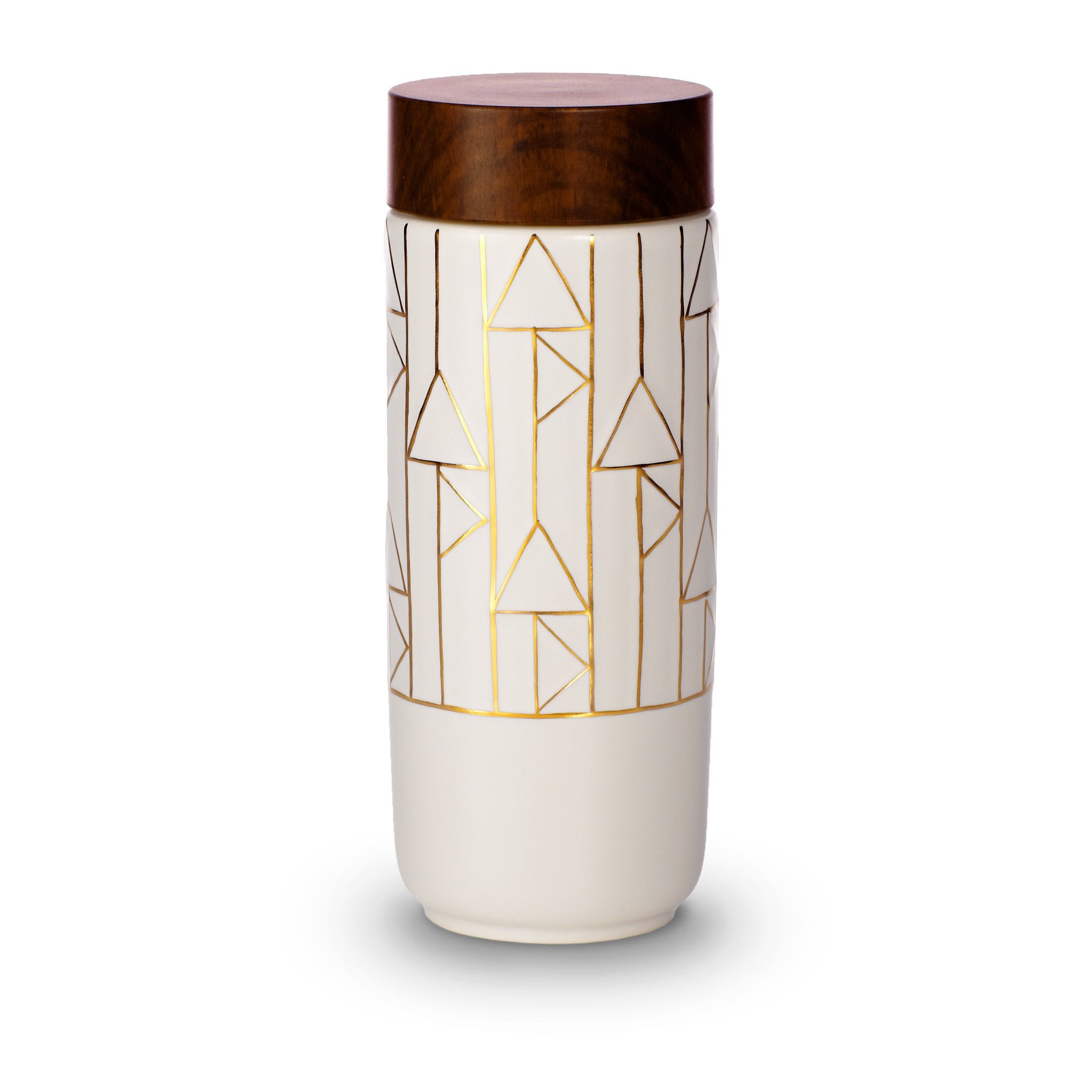 The Alchemical Signs Gold Ceramic Travel Mug featuring a vibrant gold hand-painted design with geometric patterns inspired by ancient alchemical symbols.