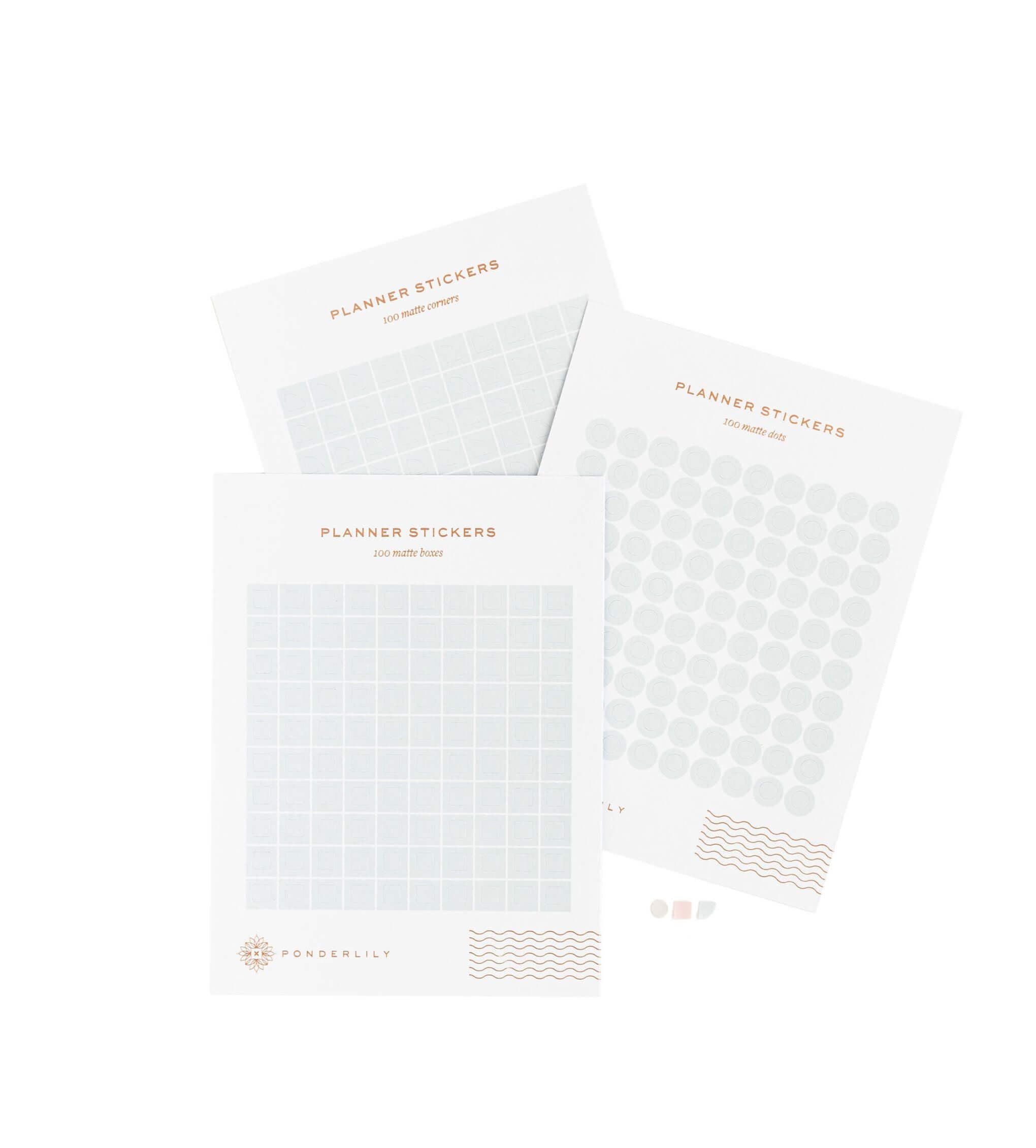 Elegant Sticker Set in Sage featuring matte corners, dots, and boxes with copper foil detailing, beautifully packaged.