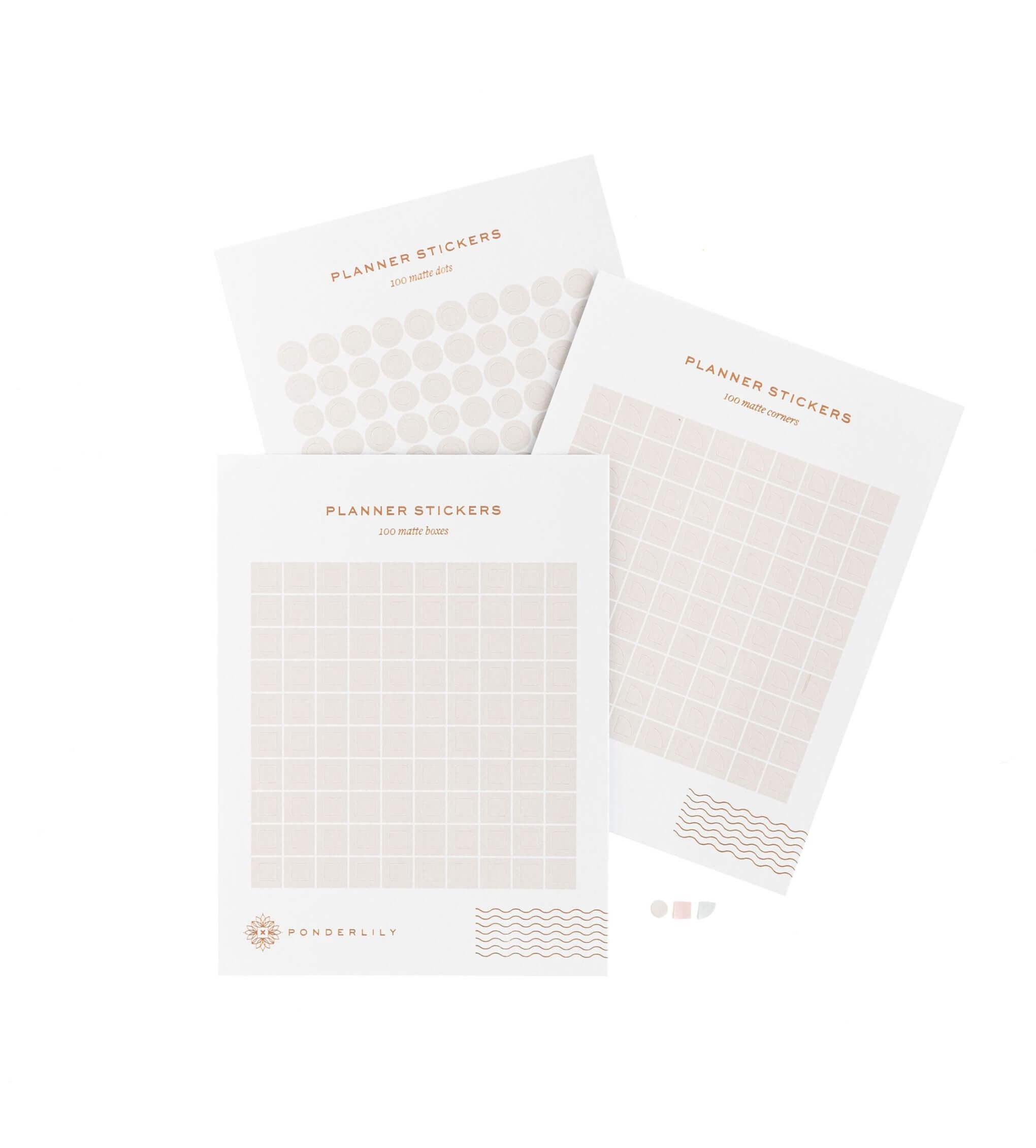 The Elegant Sticker Set, Stone featuring stylish dots, corners, and box stickers in eco-friendly packaging.