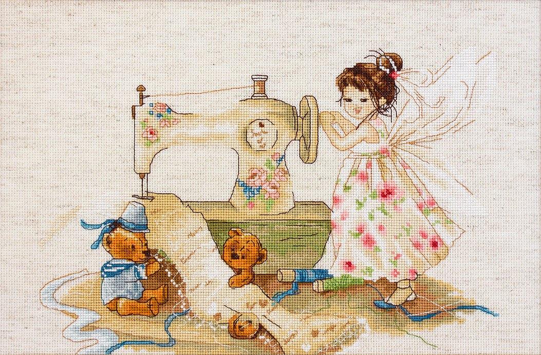The Fairy-Needlewoman B1116L Counted Cross-Stitch Kit featuring Aida16 Rustic canvas, 38 Anchor colors, and a needle.