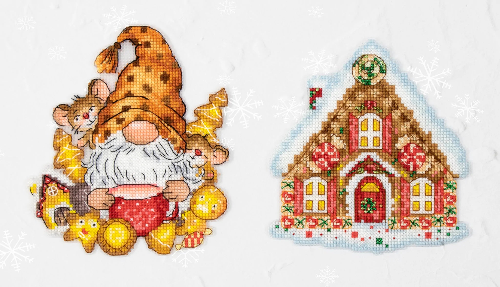 The Gnom & The House JK036L Counted Cross-Stitch Kit featuring colorful threads and Aida Plastic canvas.