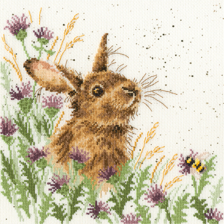 The Meadow XHD30 Counted Cross Stitch Kit featuring 14 count Zweigart Aida fabric, pre-sorted cotton threads, and stitch diagram.