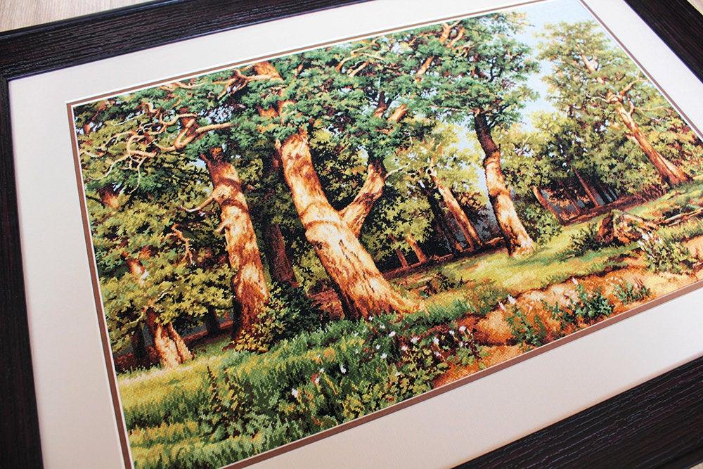 The Oak Grove B476L Counted Cross-Stitch Kit featuring Aida 18 canvas, 34 Anchor colors, needle, and instructions.
