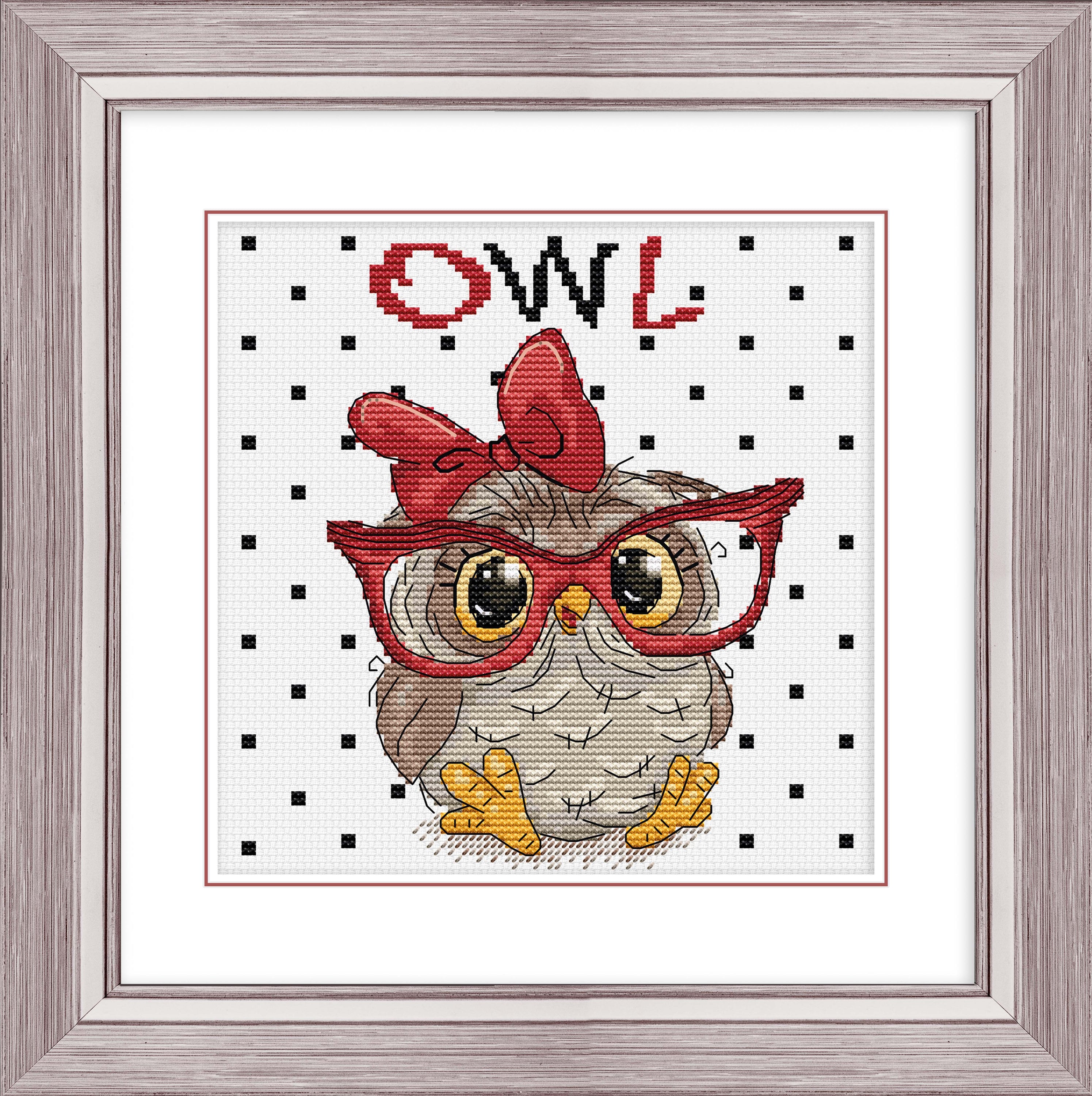 The Owl With Glasses B1403L Counted Cross-Stitch Kit featuring vibrant threads and a detailed owl design on Zw.Aida canvas.