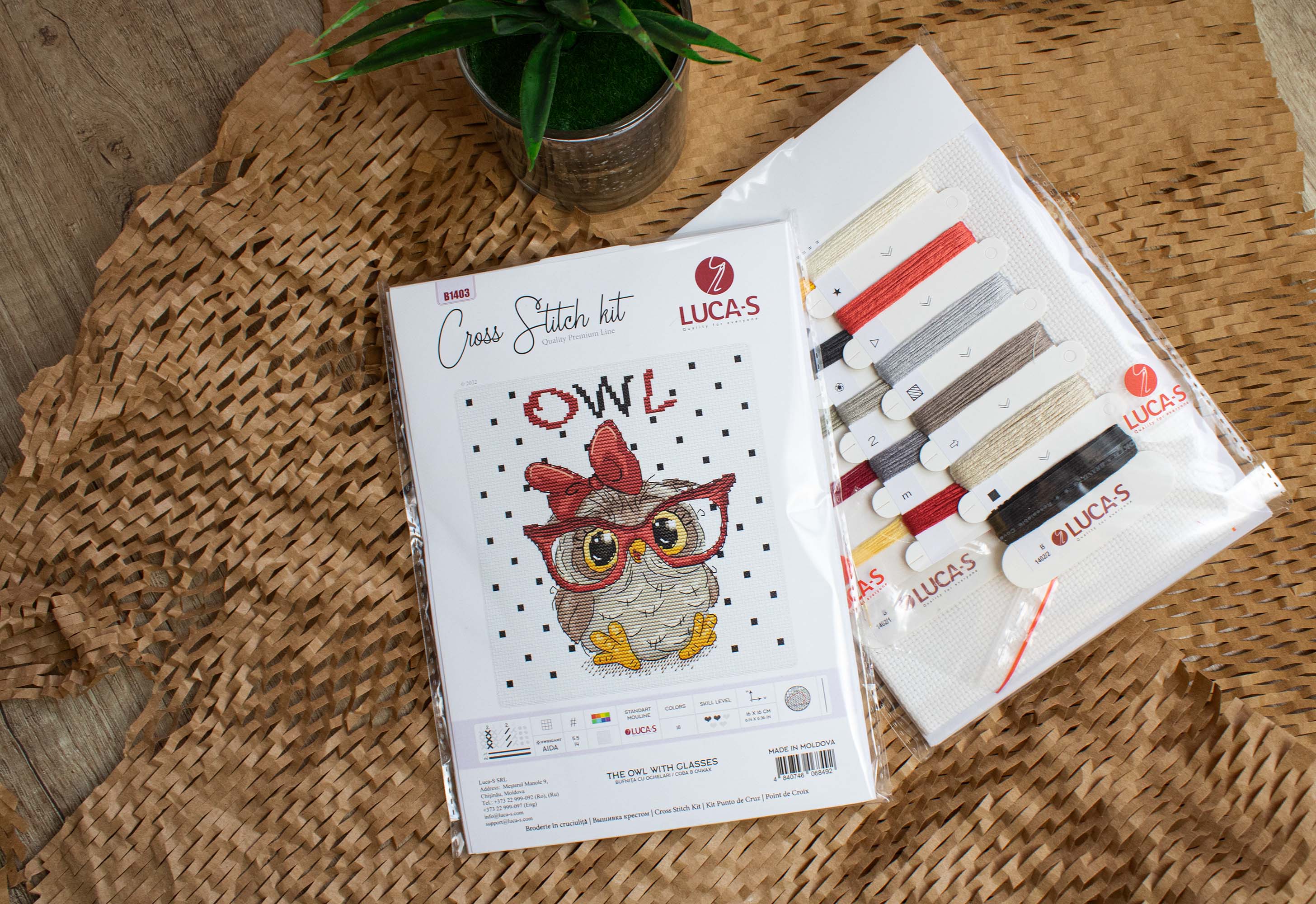 The Owl With Glasses B1403L Counted Cross-Stitch Kit featuring vibrant threads and a detailed owl design on Zw.Aida canvas.