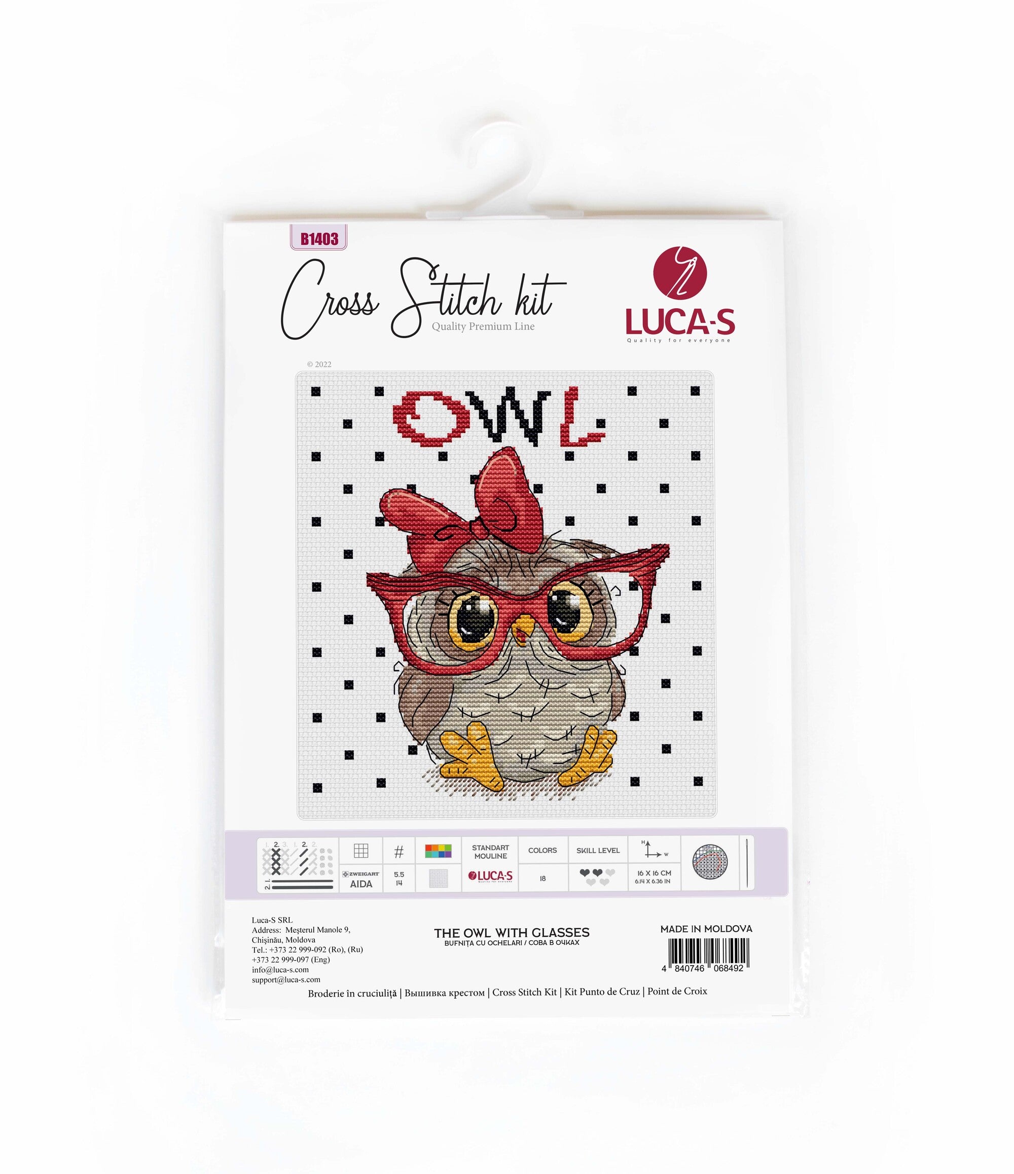 The Owl With Glasses B1403L Counted Cross-Stitch Kit featuring vibrant threads and a detailed owl design on Zw.Aida canvas.