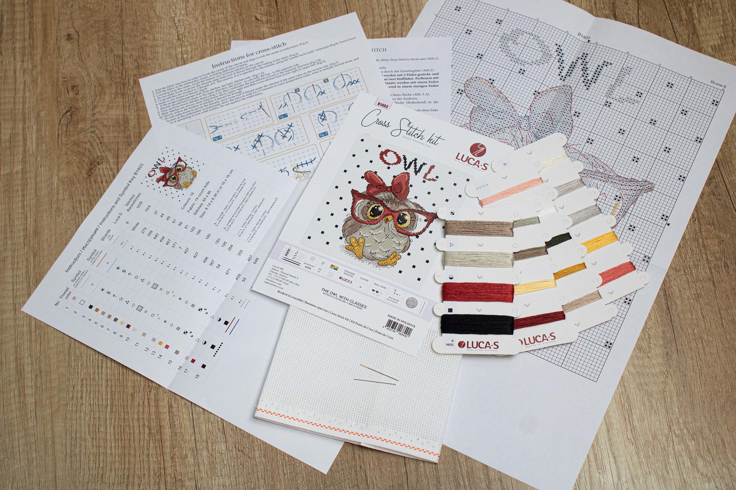 The Owl With Glasses B1403L Counted Cross-Stitch Kit featuring vibrant threads and a detailed owl design on Zw.Aida canvas.