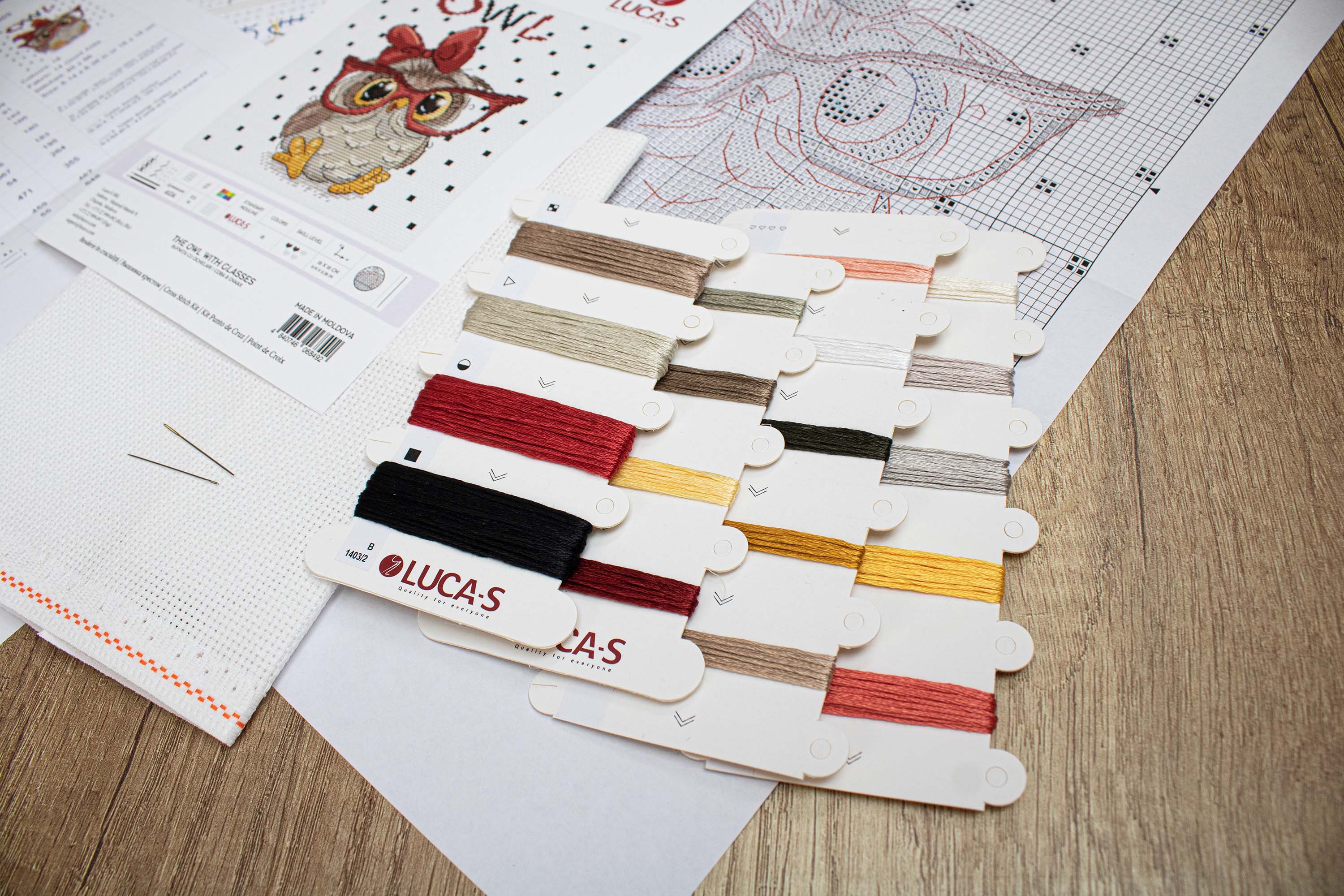 The Owl With Glasses B1403L Counted Cross-Stitch Kit featuring vibrant threads and a detailed owl design on Zw.Aida canvas.