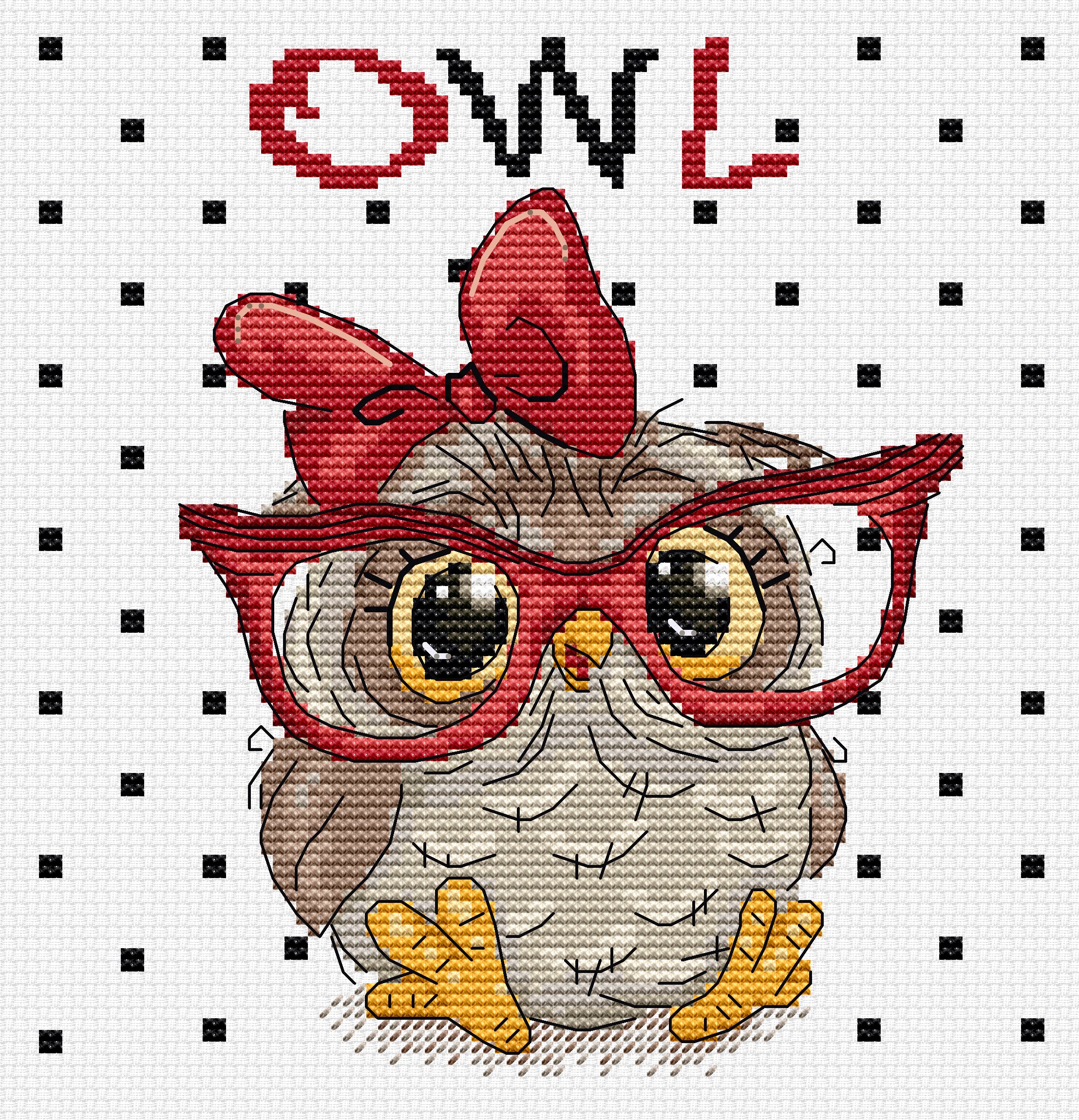 The Owl With Glasses B1403L Counted Cross-Stitch Kit featuring vibrant threads and a detailed owl design on Zw.Aida canvas.