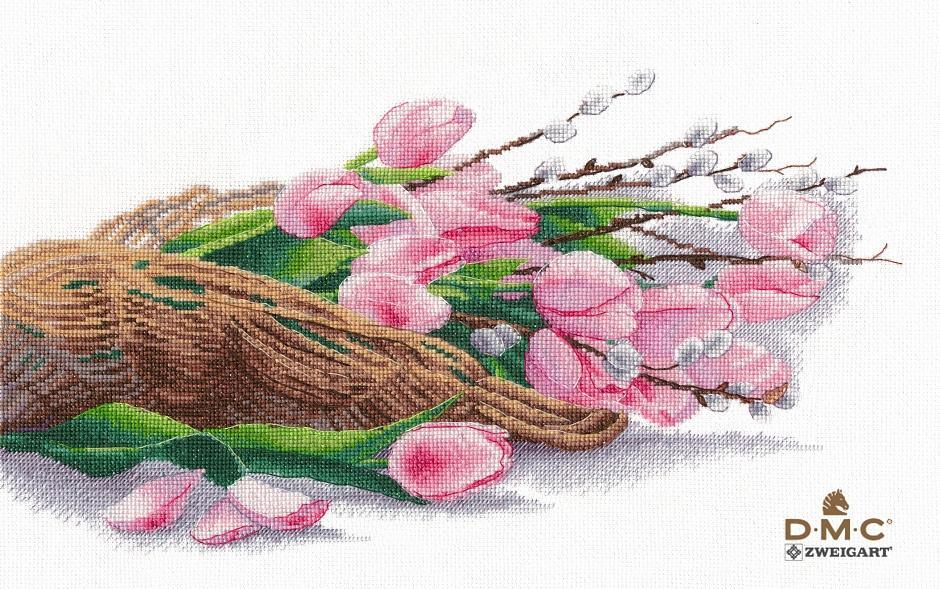 The Philosophy of Spring 1409 Counted Cross Stitch Kit featuring colorful threads, Zweigart canvas, and a color symbolic scheme.