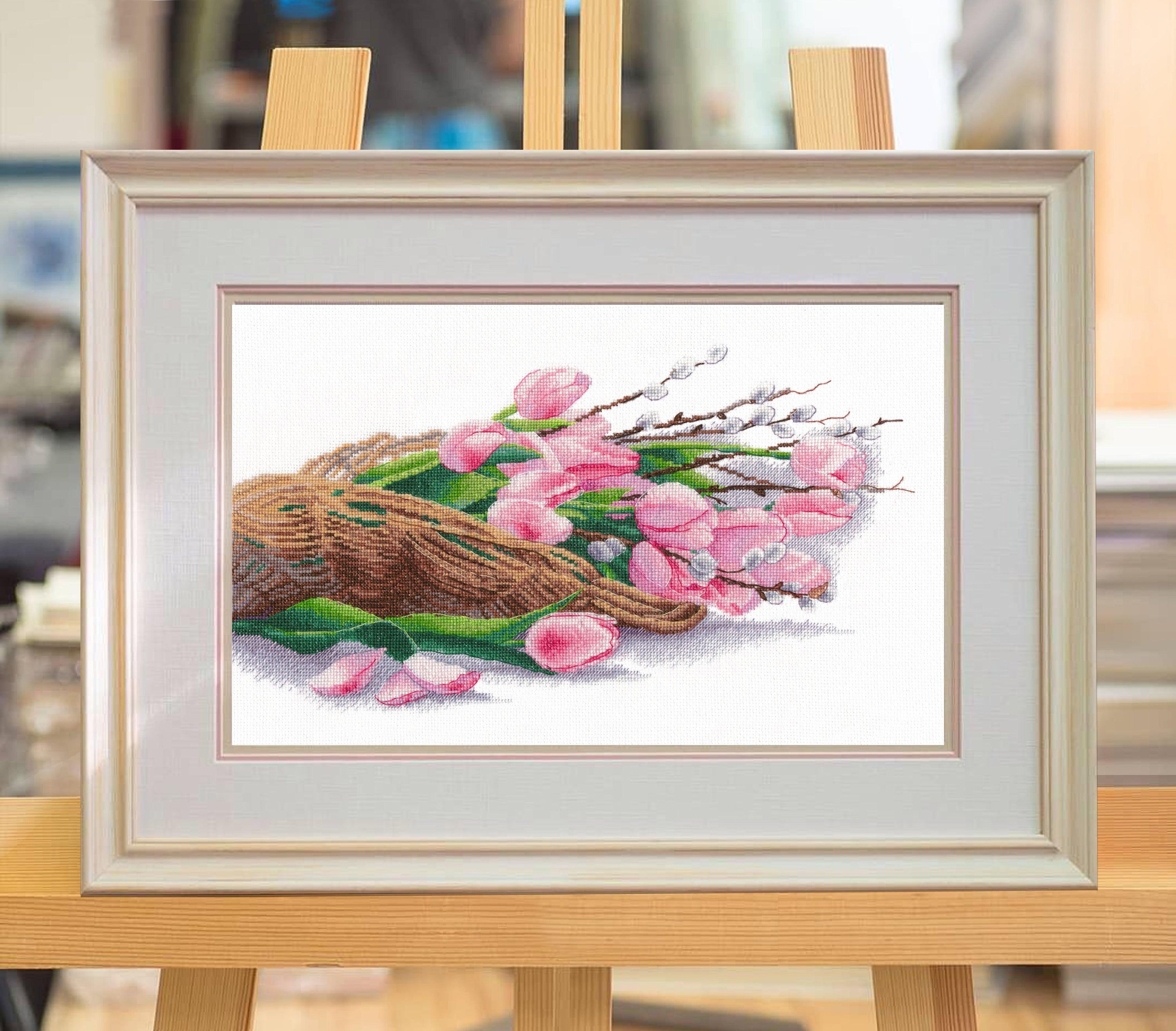 The Philosophy of Spring 1409 Counted Cross Stitch Kit featuring colorful threads, Zweigart canvas, and a color symbolic scheme.