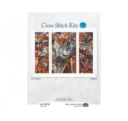 The roofs M558 Counted Cross Stitch Kit featuring Aida 14 canvas, DMC threads, and complete stitching supplies.