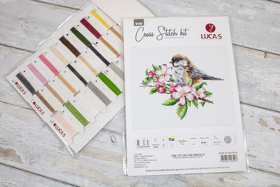The tit on the branch B1194L Counted Cross-Stitch Kit featuring colorful threads and Aida canvas.