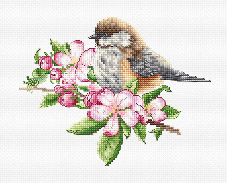 The tit on the branch B1194L Counted Cross-Stitch Kit featuring colorful threads and Aida canvas.