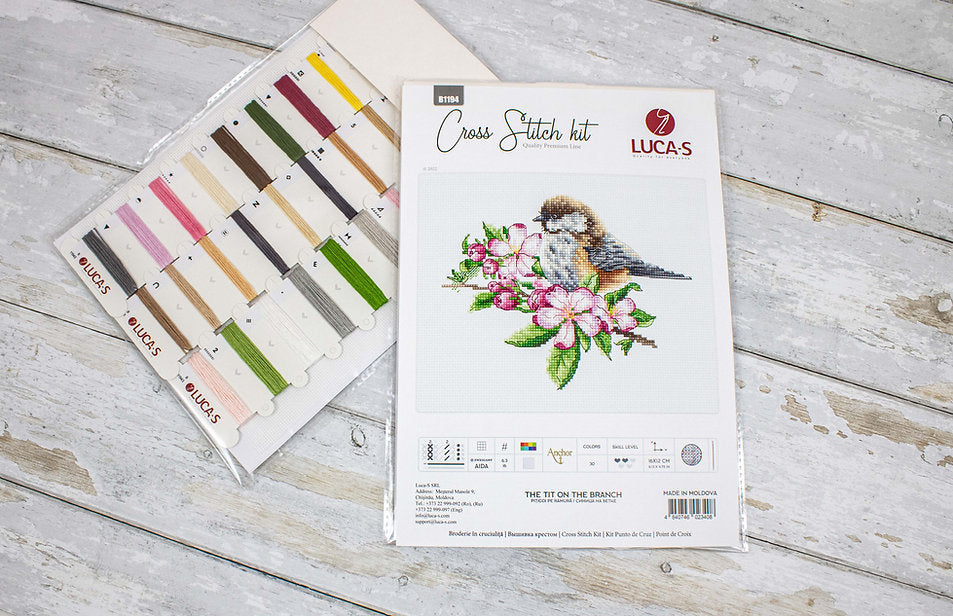 The tit on the branch B1194L Counted Cross-Stitch Kit featuring colorful threads and Aida canvas.