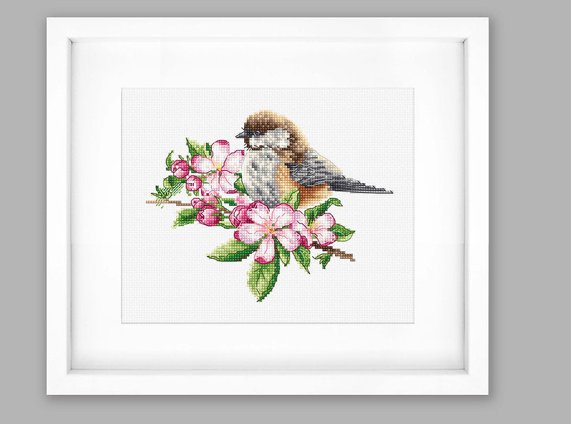 The tit on the branch B1194L Counted Cross-Stitch Kit featuring colorful threads and Aida canvas.