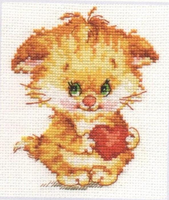 Counted cross-stitch kit featuring a heartfelt design with white Aida fabric, colorful threads, and an embroidery needle.