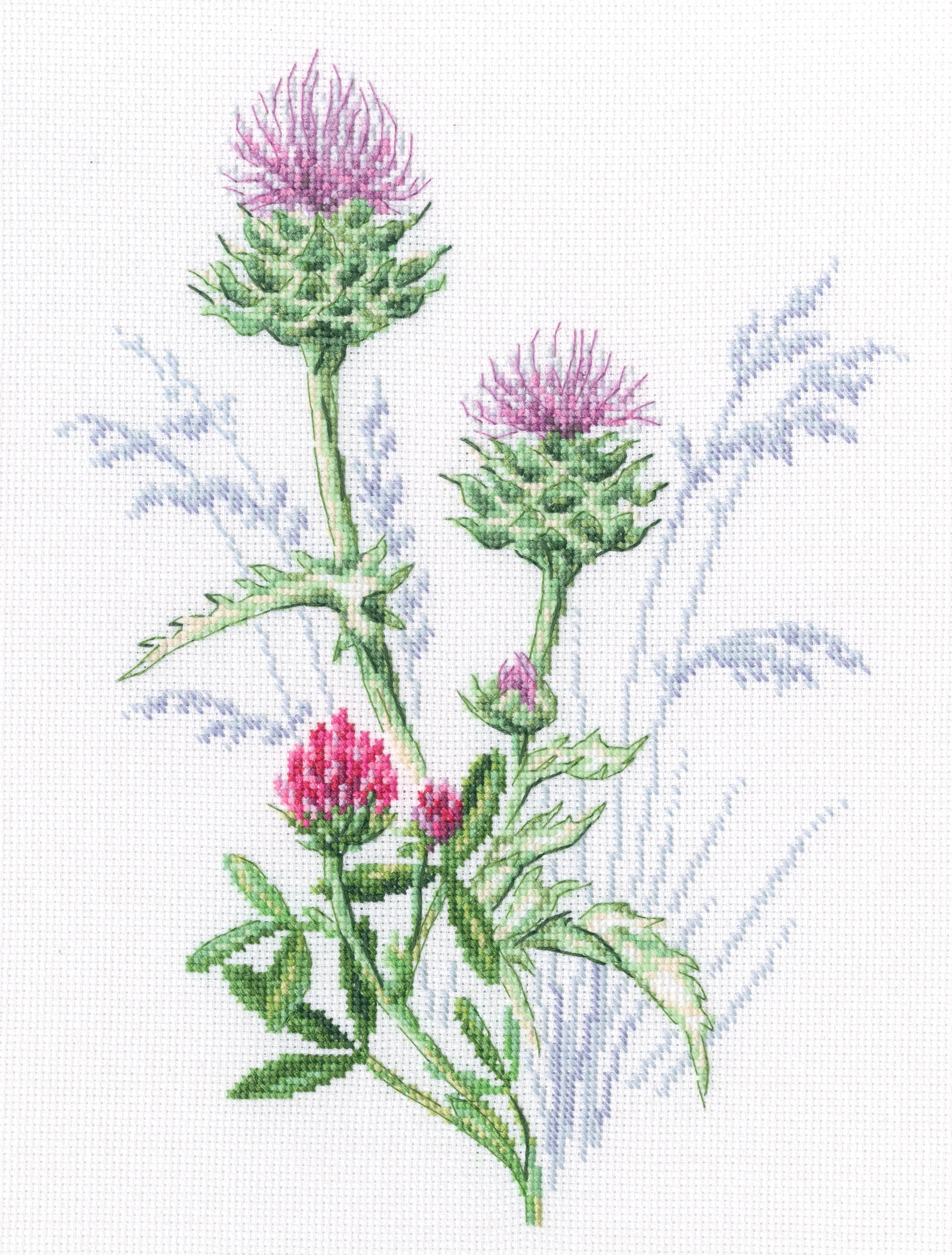 Thistle M940 Counted Cross Stitch Kit featuring white Aida fabric, needle, chart, and instructions for crafting.