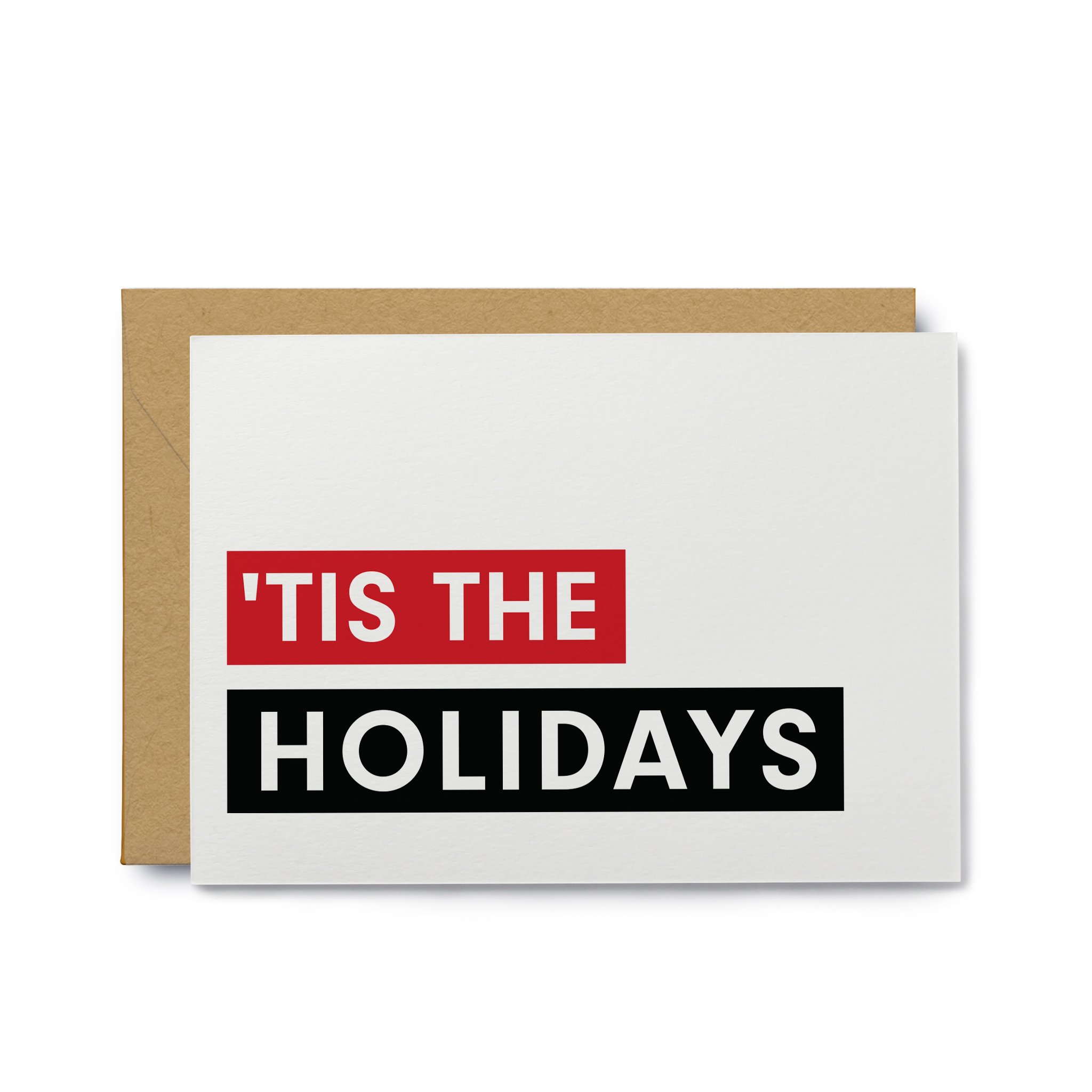 'Tis the Holidays Greeting Card displayed with a Kraft paper envelope, showcasing its festive design and quality materials.