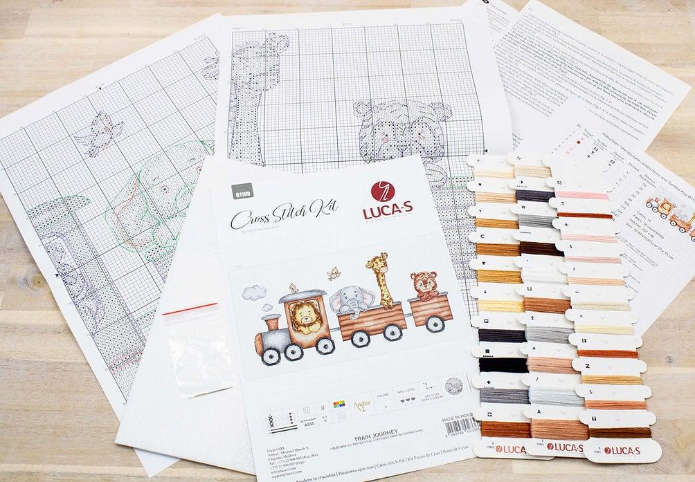 Train Journey B1190L Counted Cross-Stitch Kit featuring cartoon animals on a train, ideal for baby's nursery decor.