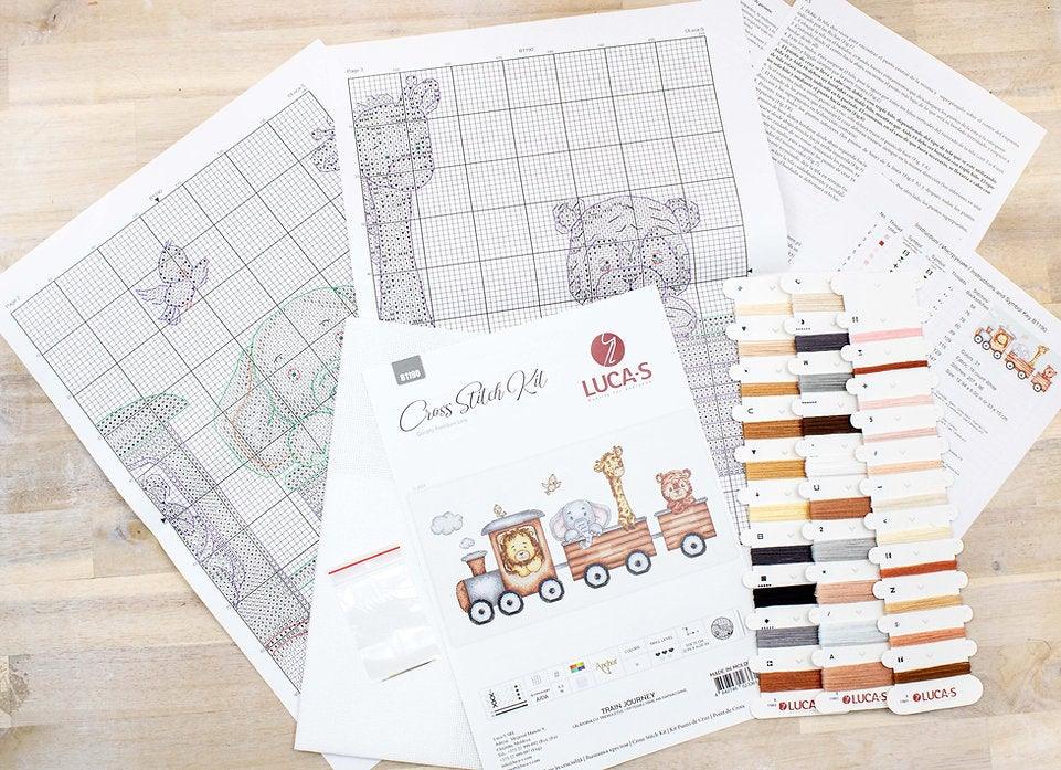 Train Journey B1190L Counted Cross-Stitch Kit featuring cartoon animals on a train, ideal for baby's nursery decor.