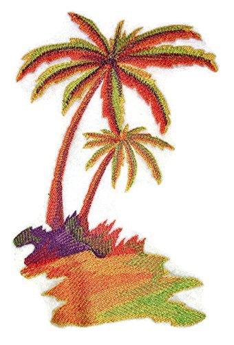 A vibrant embroidered patch featuring tropical palm trees in watercolor design, suitable for iron-on or sew-on applications.